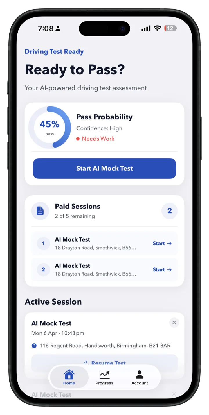 Home screen showing instructor session card and pass probability