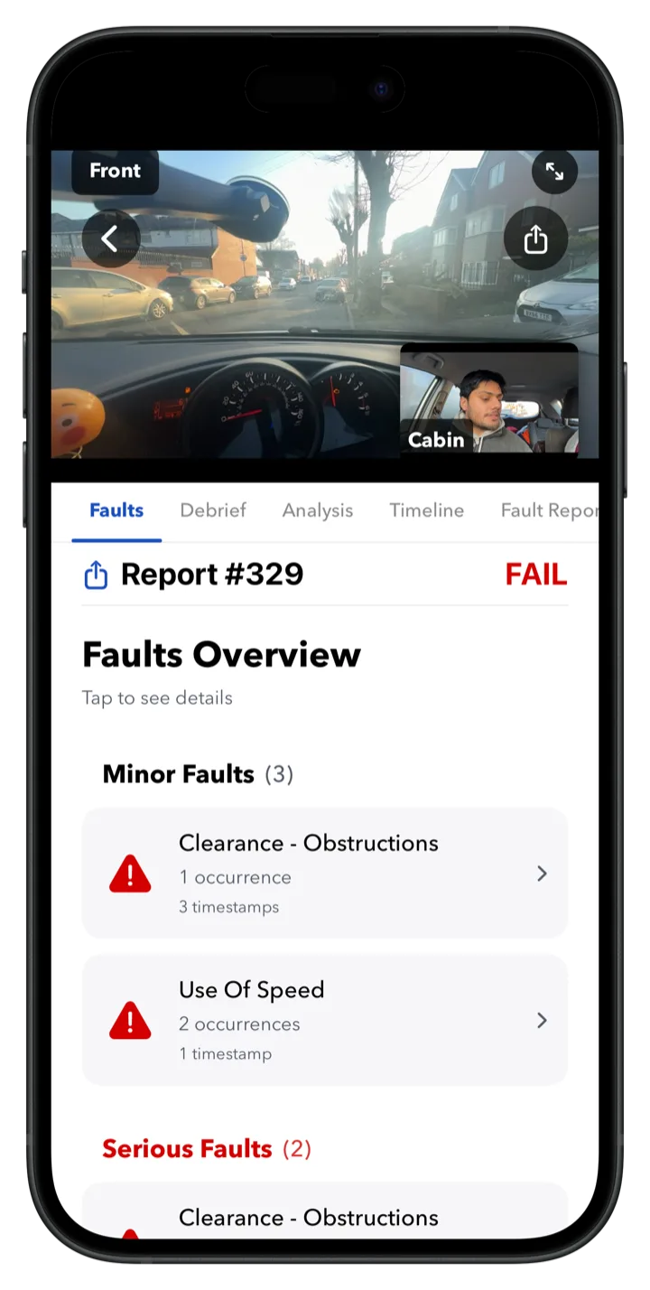 Report showing faults with timestamps linked to video evidence