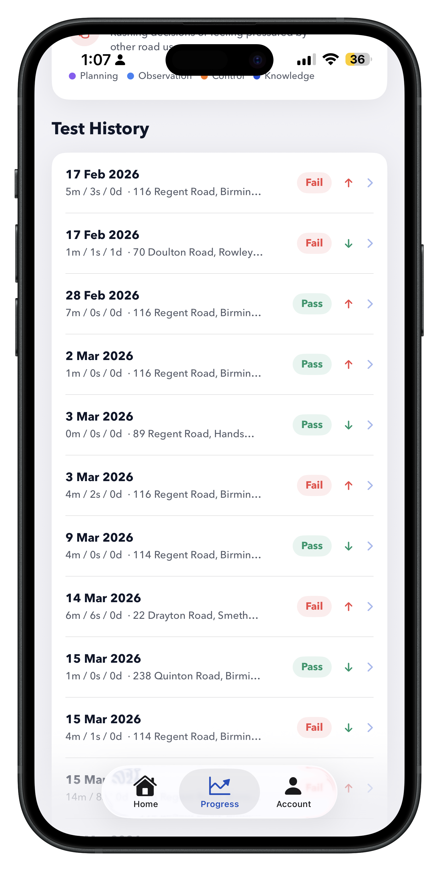 Test history with pass and fail results
