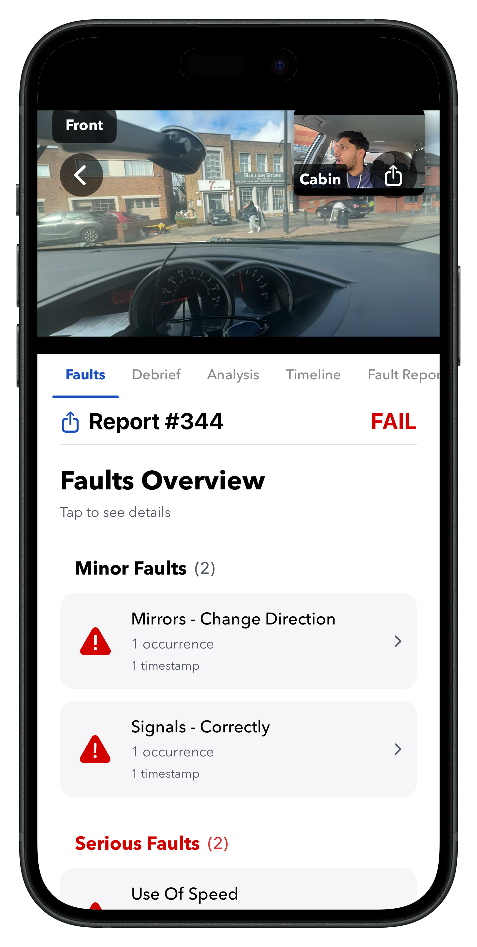 Driving Test Ready — Faults Overview report with dual-camera footage