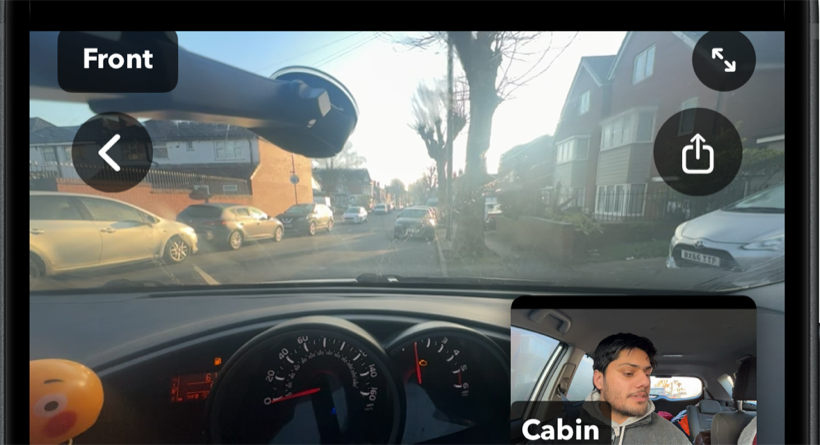 Front camera — road, dashboard and the live cabin feed